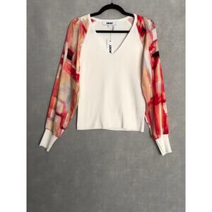 DKNY Mixed Media Top Women's Medium V-Neck Ivory/Paneled Watercolor NEW